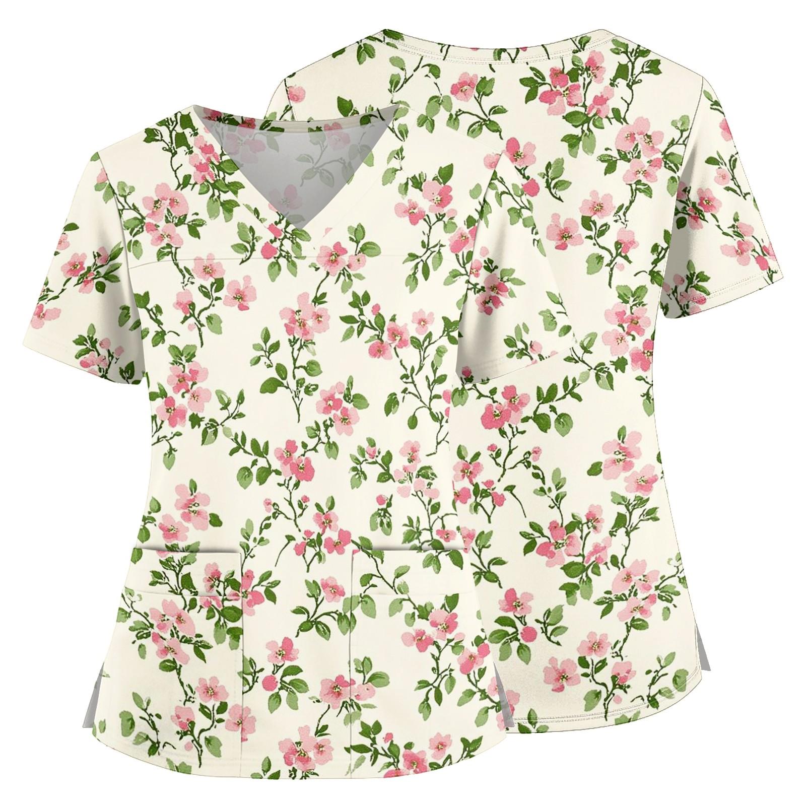 

Floral Print V Neck Medical Scrub Top with Pockets Side Slits Short Sleeve Nursing Uniform Shirt for Women XXL
