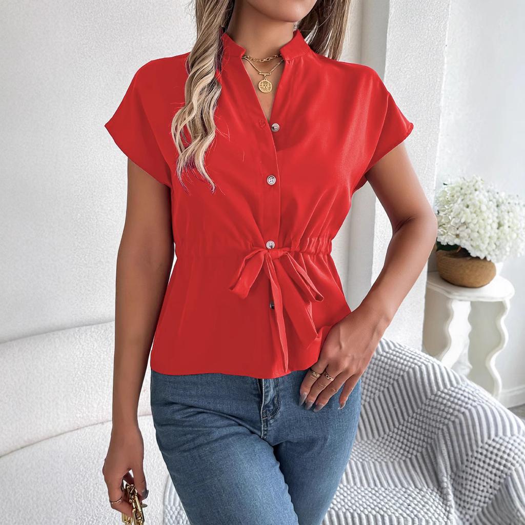 Camicie estive da donna Manica corta Chiffon Scollo a V Bottoni Elegante Cintura Camicia