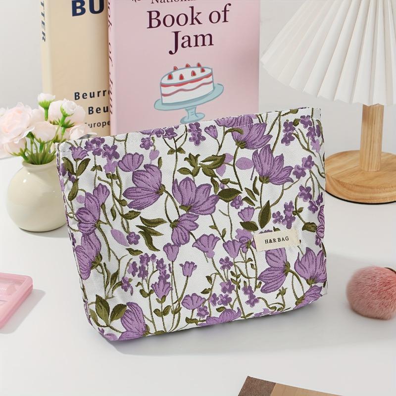 Large Capacity Cosmetic Bag with Purple Flower Print, Travel Makeup Organizer & Brush Pouch, Wash Bag Gift for Women Students