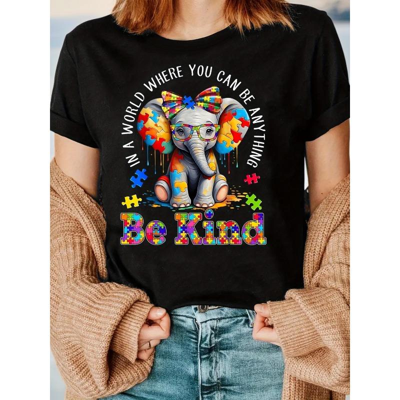 Women'S Short Sleeve Round Neck Pullover T-Shirt Made From Knit Fabric, Featuring An Elephant Graphic for Autism Awareness, A Puzzle Pattern