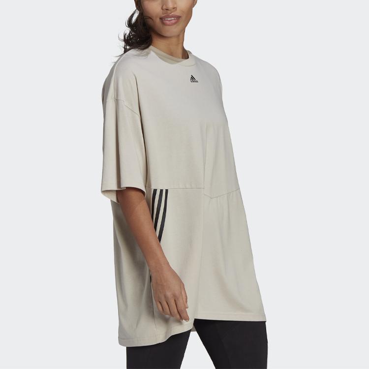 Adidas Oversized Tee Training Sports Striped Print Side Slit Round Neck Short Sleeve Drop Shoulder T-Shirt Women Tops Phosphor-Brown H47489