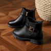 Autumn Winter Warm Thick Sole Anti-slip Lady Buckle Round Toe Solid Leather Boots Fashion Elegant Short Cotton Boots
