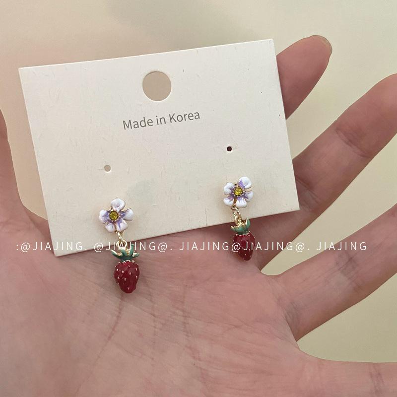 

Enamel Strawberry Flower Earrings - Drip Oil 925 Silver Needle, Mori Style Jewelry