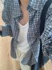 Women's Blue Plaid Shirt Jacket - Korean Autumn Style Loose Casual Cardigan Top