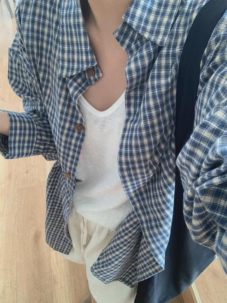 Women's Blue Plaid Shirt Jacket - Korean Autumn Style Loose Casual Cardigan Top