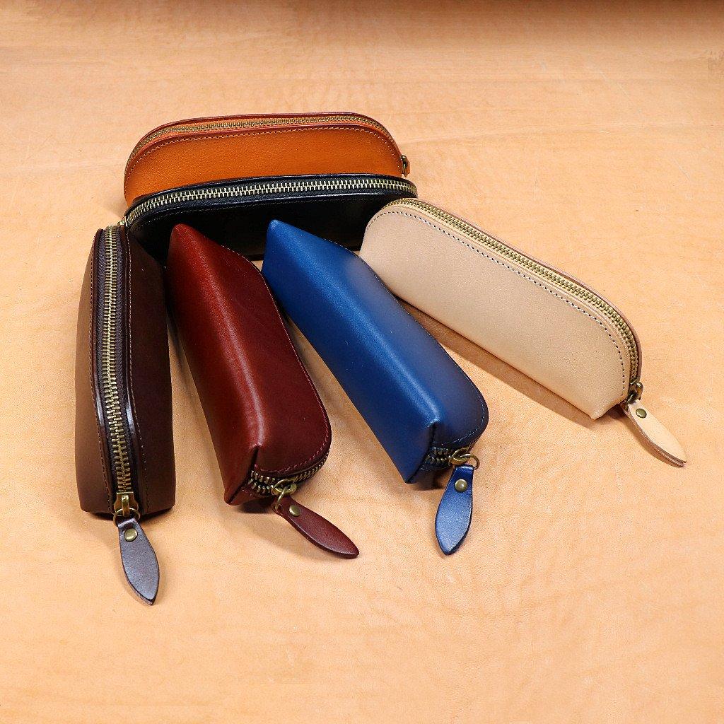 Genuine Camel Leather Pencil 15 Zipper Soft Tochigi Large Stylish Triangular Gift Case, Pens, Closure, Leather, Stitching, Slim, Lightweight, Leather,