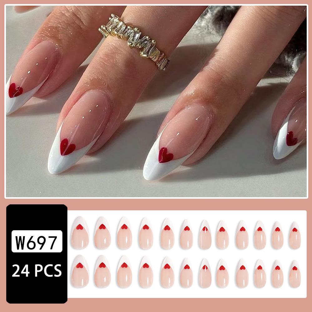 White French Tip False Nails with Red Heart Design