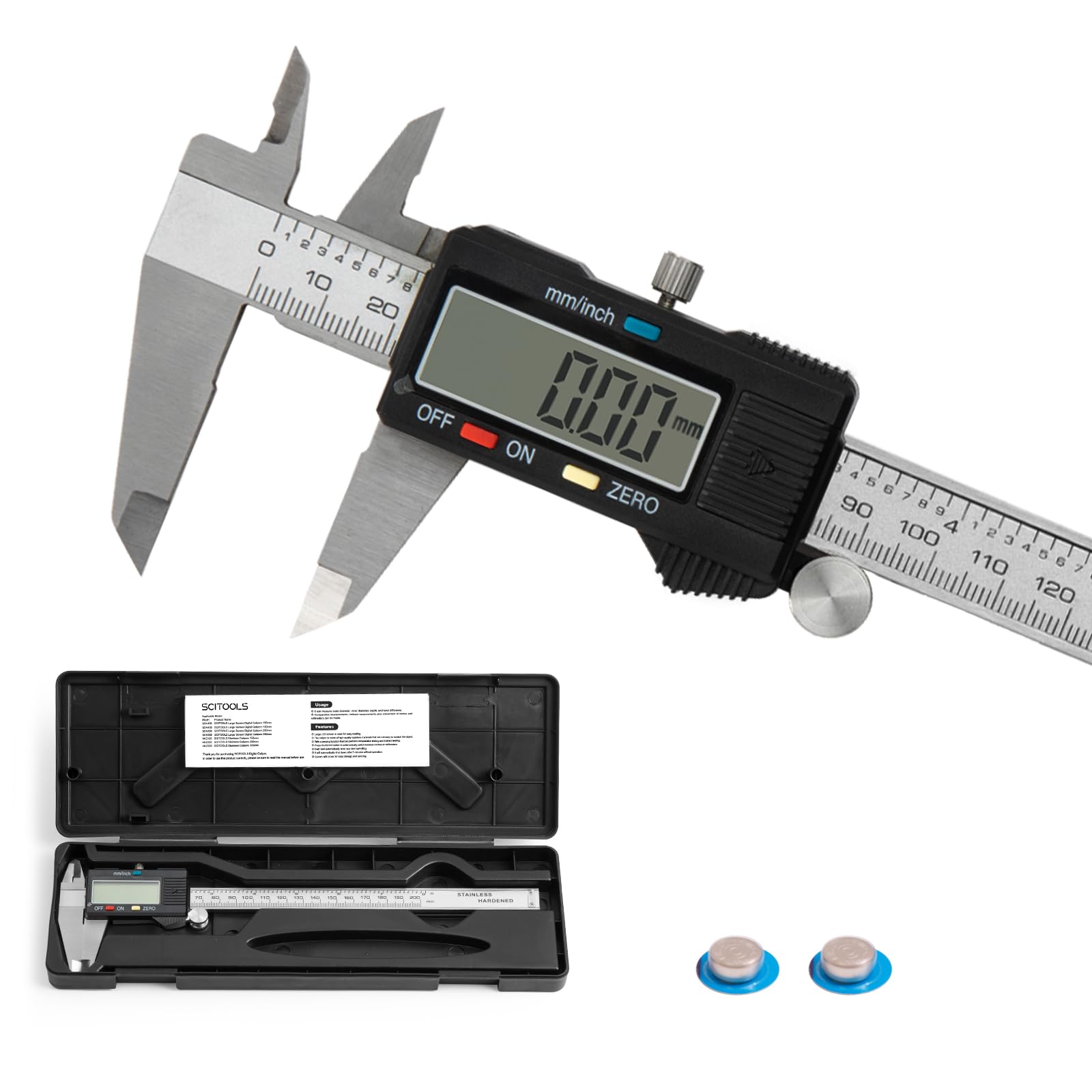 

Цифровий штангенциркуль SCITOOLS Vernier 200 мм, виготовлений із нержавіючої сталі ABS. Високоточний футляр для зберігання в комплекті. Частина РК-дисплея виготовлена ​​з ABS.