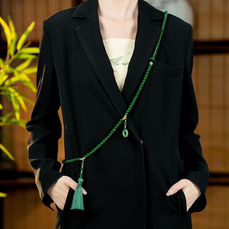 Green Beaded Tassel Crossbody Necklace - Retro Chinese Style Sweater Chain Accessory