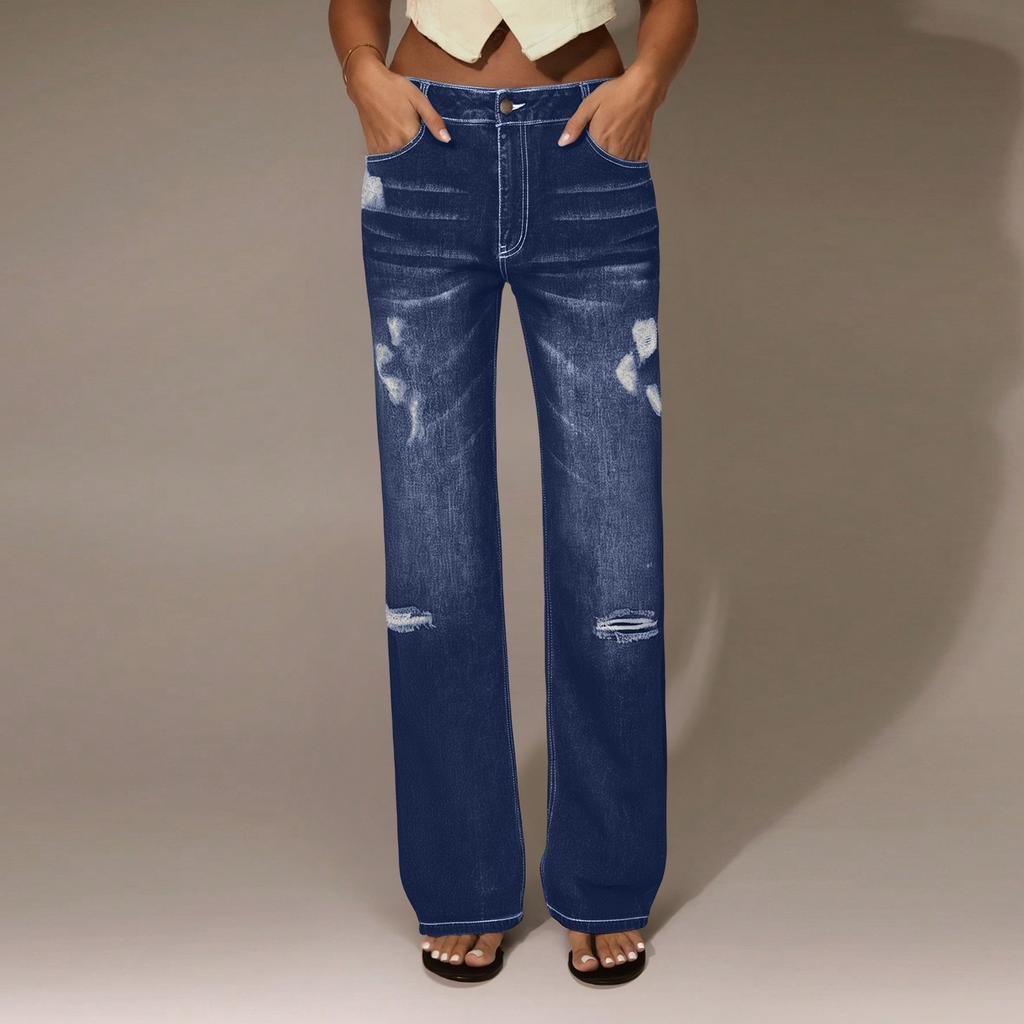 Women's High Waist Straight Loose Lace Stretch Lightweight Fashion Jeans