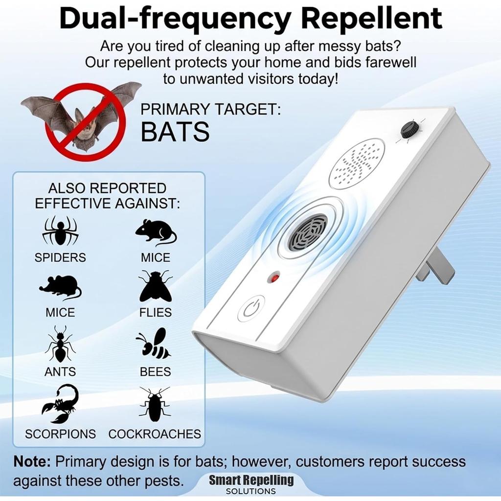 2-Pack Powerful Ultrasonic Bat Repellent Plug In, Effective Bat Deterrent for Attic and Indoor Use,Safe for Humans & Pets,Home Bats Keep Away