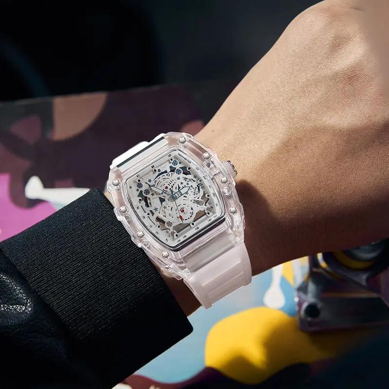 Tonneau Fashion Quartz Watch Men Transparent Shape Casual Luxury Waterproof Rubber Strap Male Watches Men AAA Clock Relogio