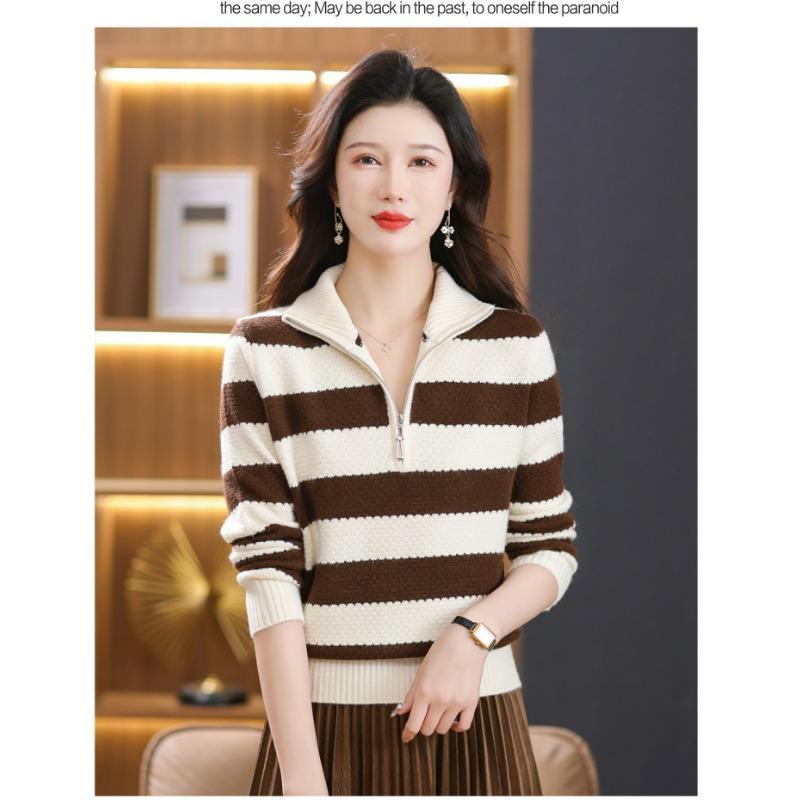 Women's Half-open Zipper-lapel Sweaters, Autumn-winter Striped Turtleneck Tops, Loose and Skinny Knits