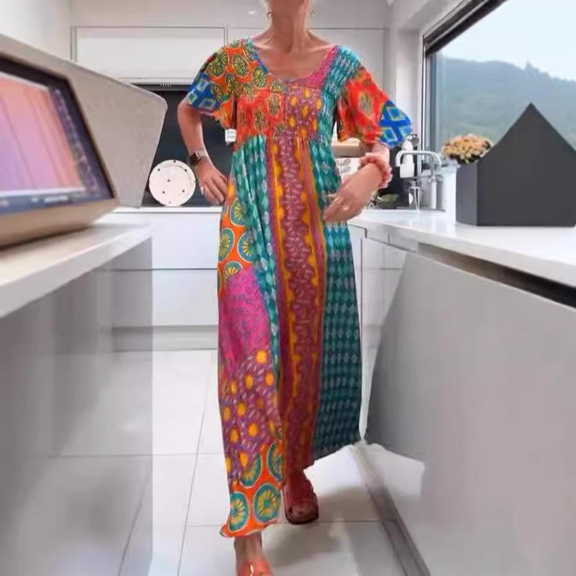 

Женское богемное платье макси с геометрическим принтом, платье с длинным рукавом и летящей юбкой в синем, зеленом и многоцветном исполнении S оранжевый