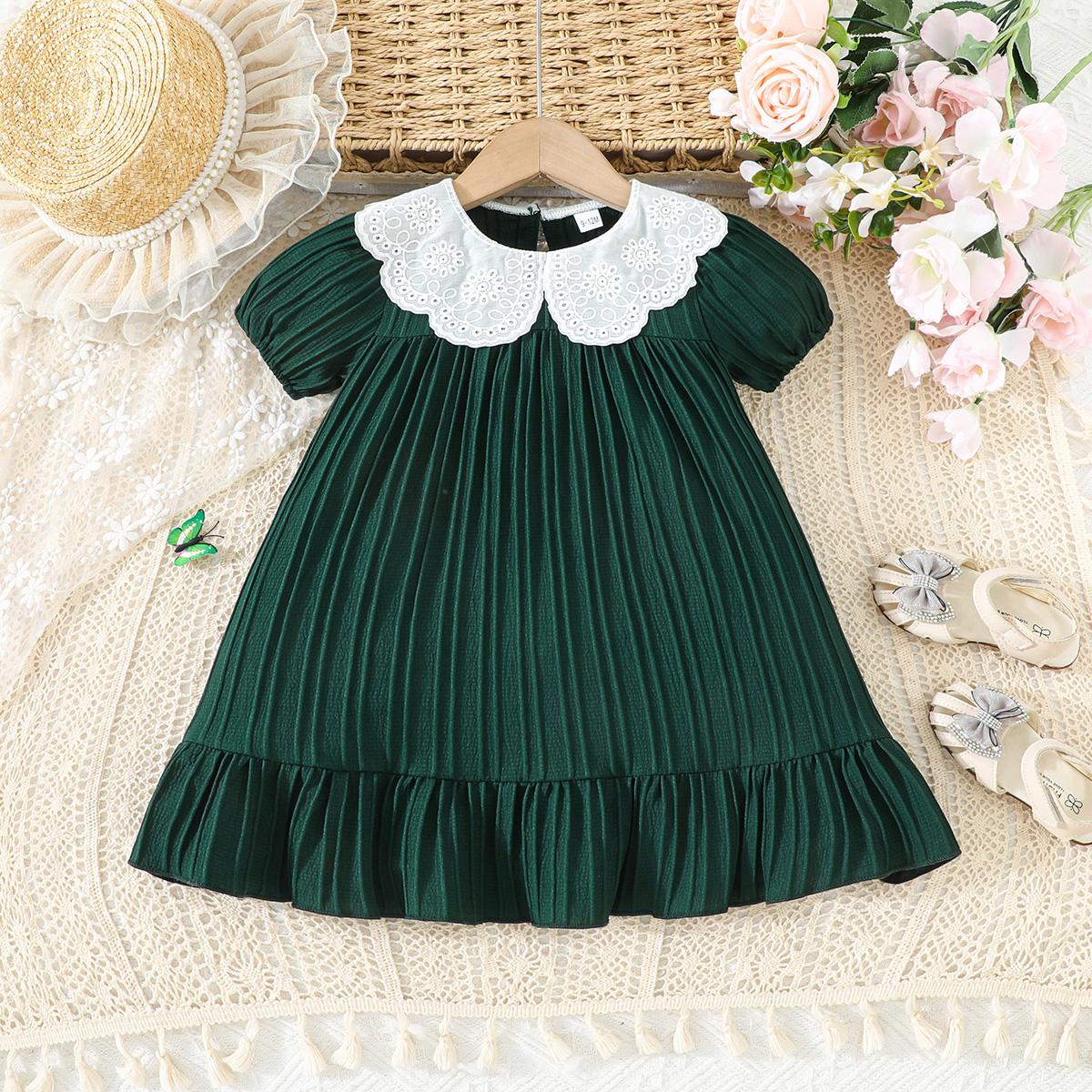 Toddler Casual Dress, Lace Trimmed Peter Pan Collar and Pleated Ruffle Hem 6-9M
