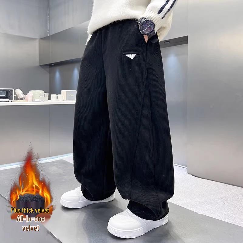 Winter 2026 Boys' Fleece-Lined Wide-Leg Sweatpants for Middle & Big Kids - Straight Leg Sports Pants Great for Autumn & Winter