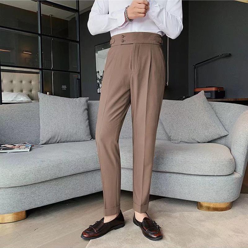 Men's Slim High-Waisted Business Trousers - Solid Color Straight Fit