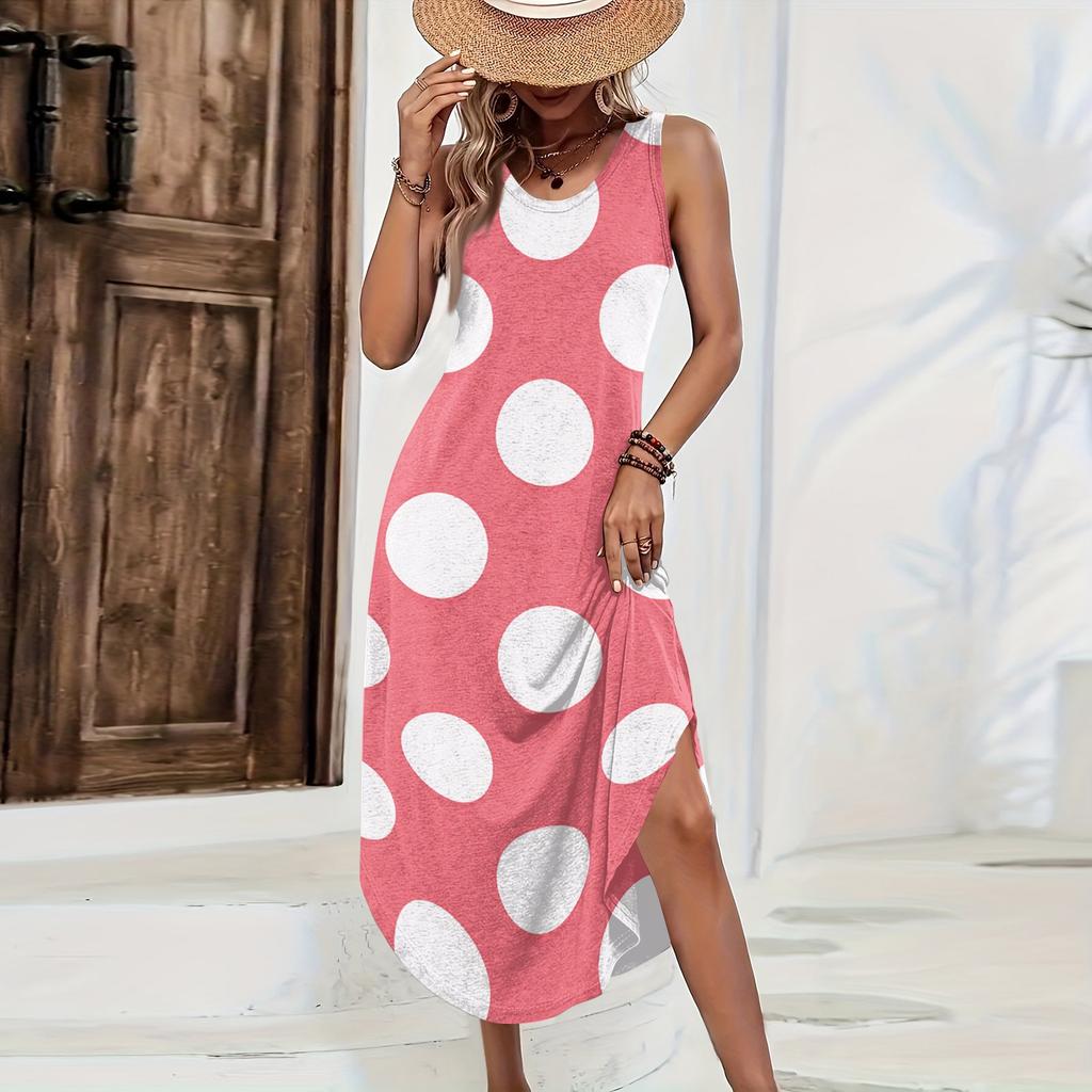Damen ärmelloses lässiges Maxikleid lockere Passform lang mit Polkapunktdruck Sommerkleid seitlicher Schlitz leichtes bequemes Kleid