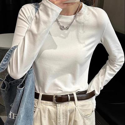 Women's 300g Pure Cotton White Round Neck Long Sleeve Loose T-shirt - Spring/Autumn Base Layer Top