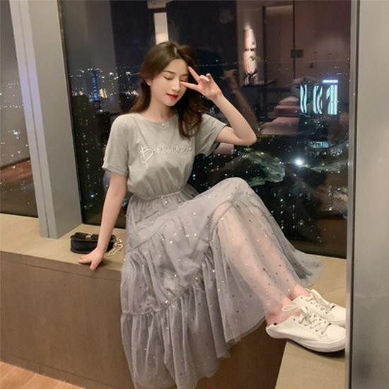 Summer A-line Sequin Mesh Dress - Women's Korean Style with Short Sleeves, Loose Fit, Mid-length, Fairy.