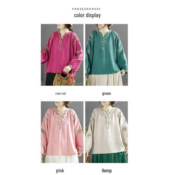 Damen Retro Bestickte V-Ausschnitt Baumwolle Leinen Bluse