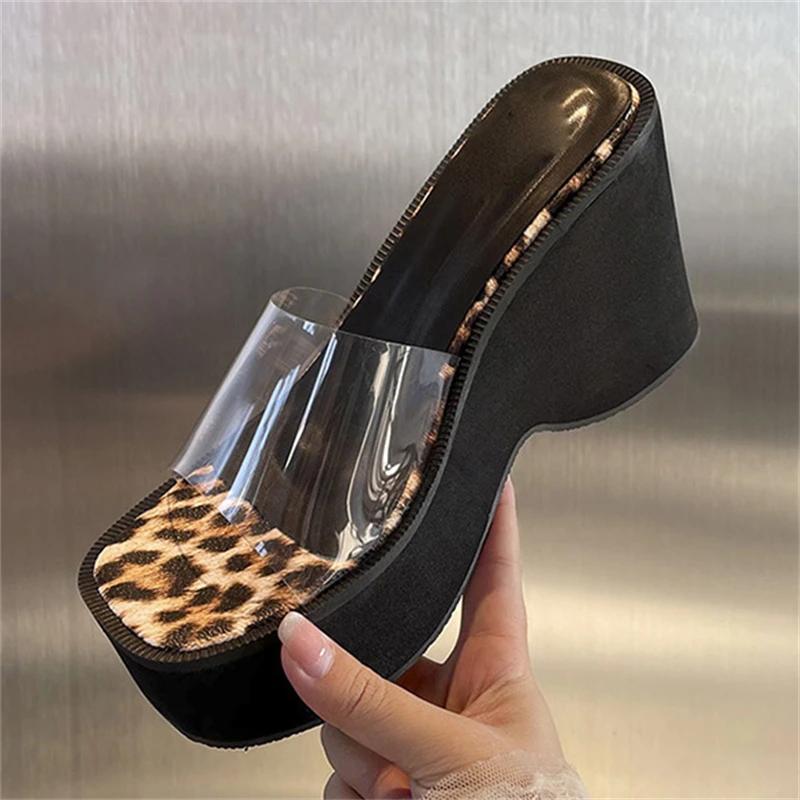 Fashion Eilyken 2025 New Street Style Summer Fashion Platform Wedges Heels Women Slippers PVC Transparent Leopard Print Sandals Shoes