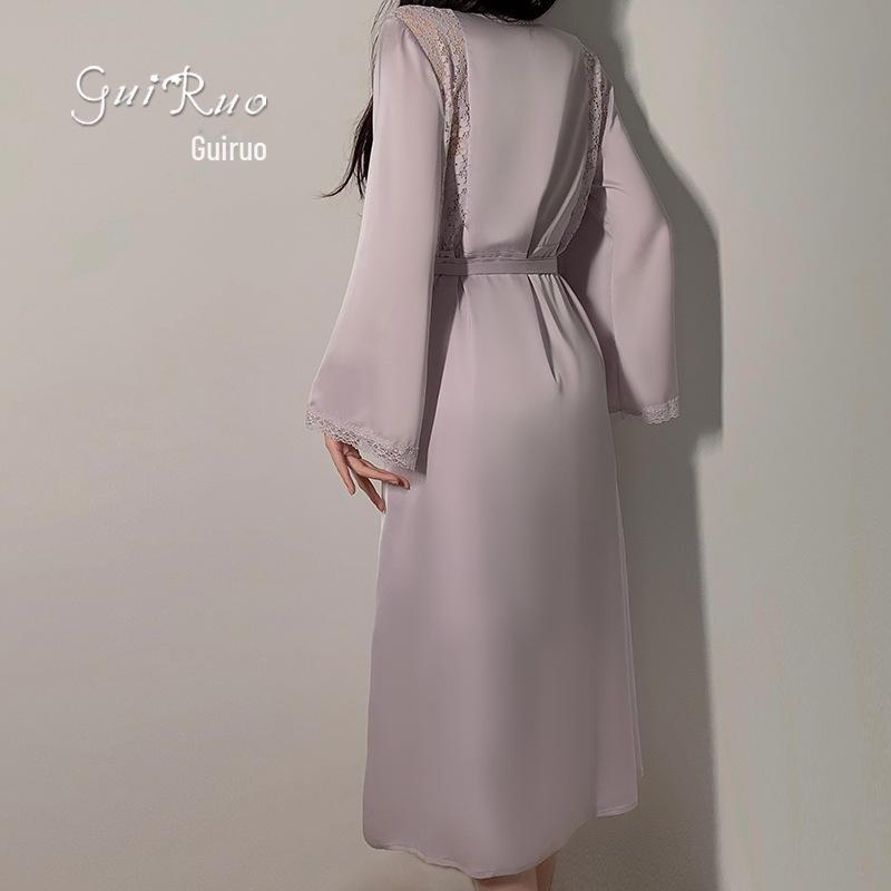 Guiruo Lace-Trimmed Deep V Nightdress Set with Chest Pads