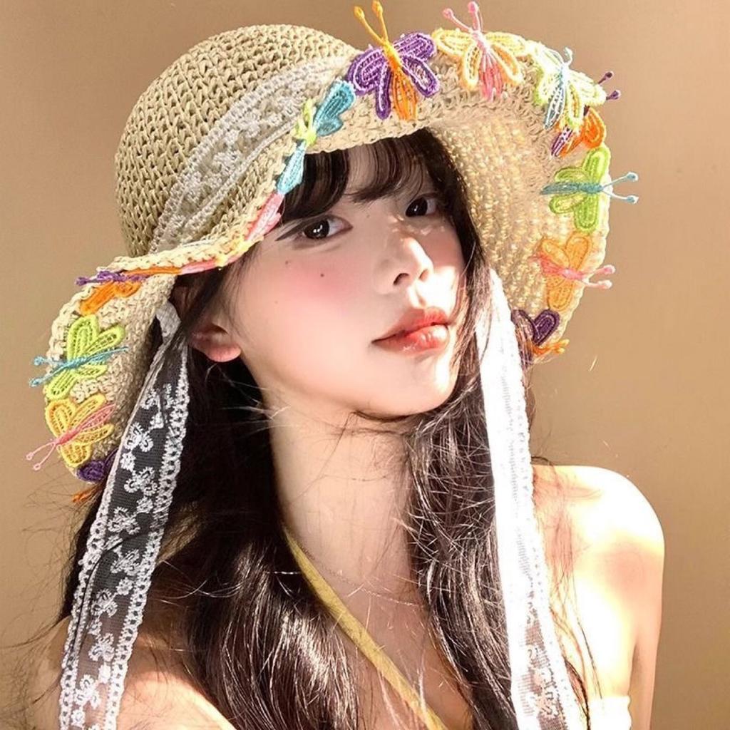 Straw hat women's summer new big-brimmed sun hat lace lace sunscreen seaside vacation hat breathable face