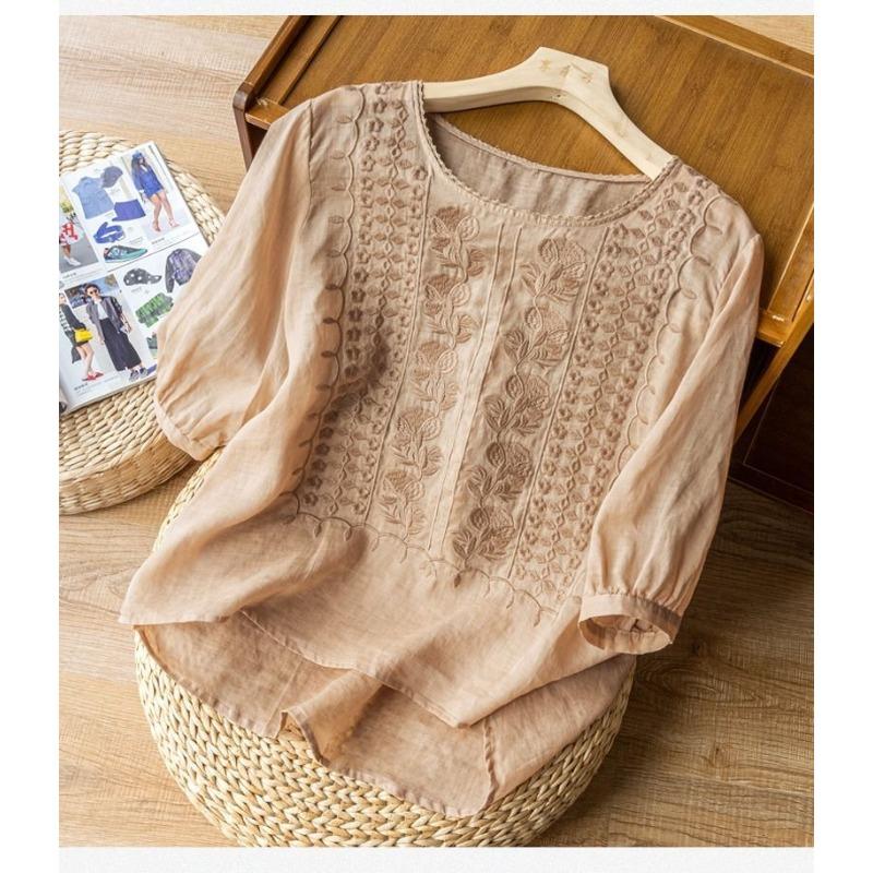O Neck Embroidery Loose Women Blouse Solid Color Short Sleeve Casual Shirt Ladies Office Sweet Simple Elegant Fashion Tops Female Thin Clothing