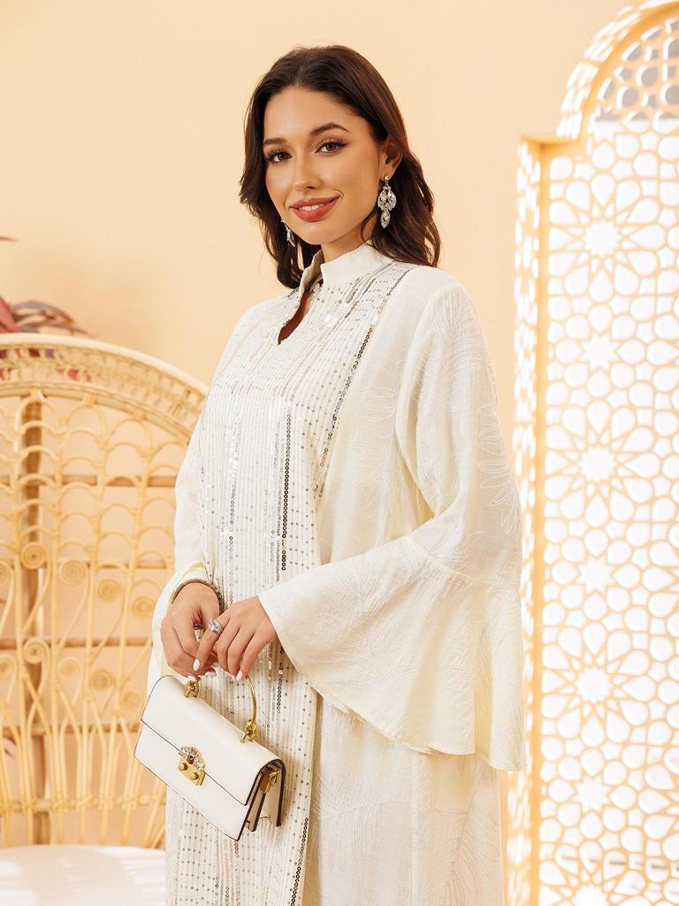 Elegant Sequin Embroidered Muslim Women's Robe - Middle Eastern Style Long Dress