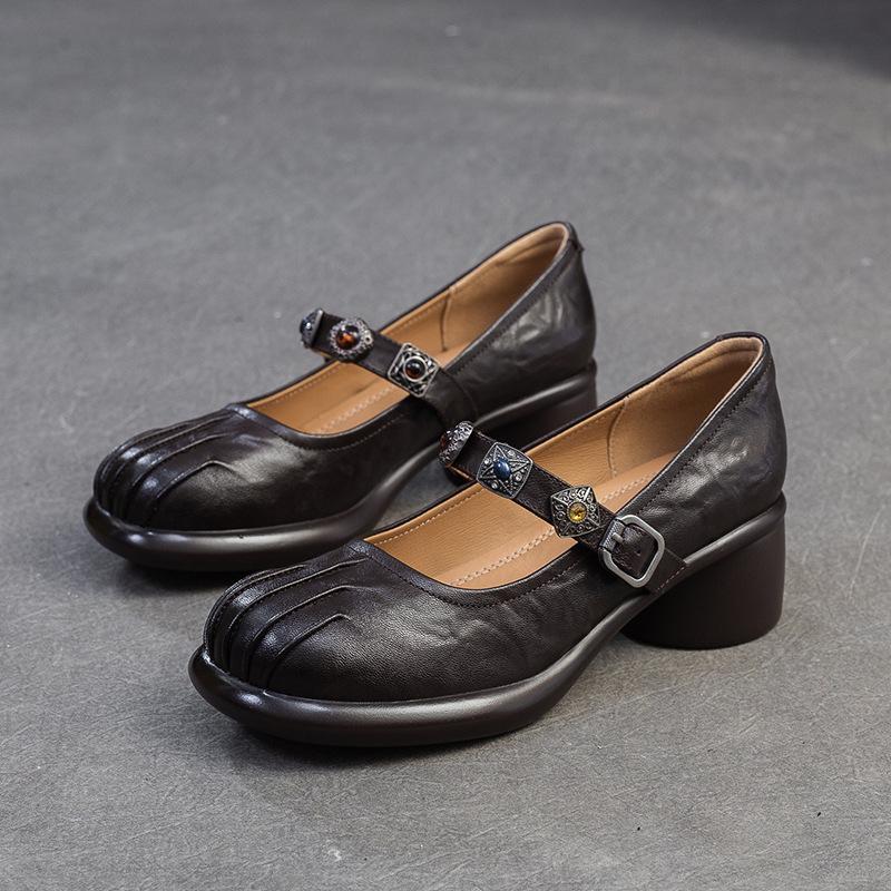 Johnature Lolita Genuine Leather Shoes Sweet Round Toe Thick Heel Wrinkled Women's Shoes