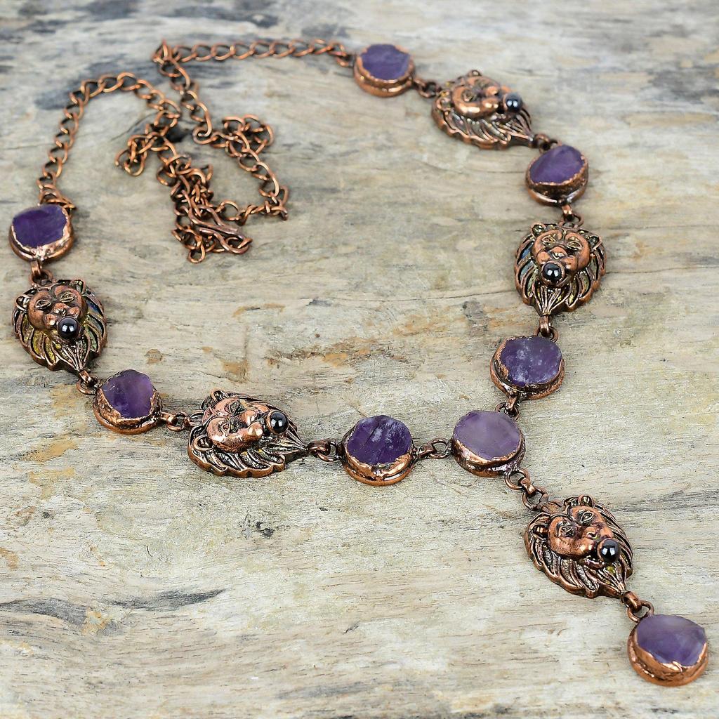 African Amethyst Rough Necklace Electroformed Copper Gemstone Necklace Adjustable Chain Necklace Lion Face Necklace Handmade Antique Jewelry