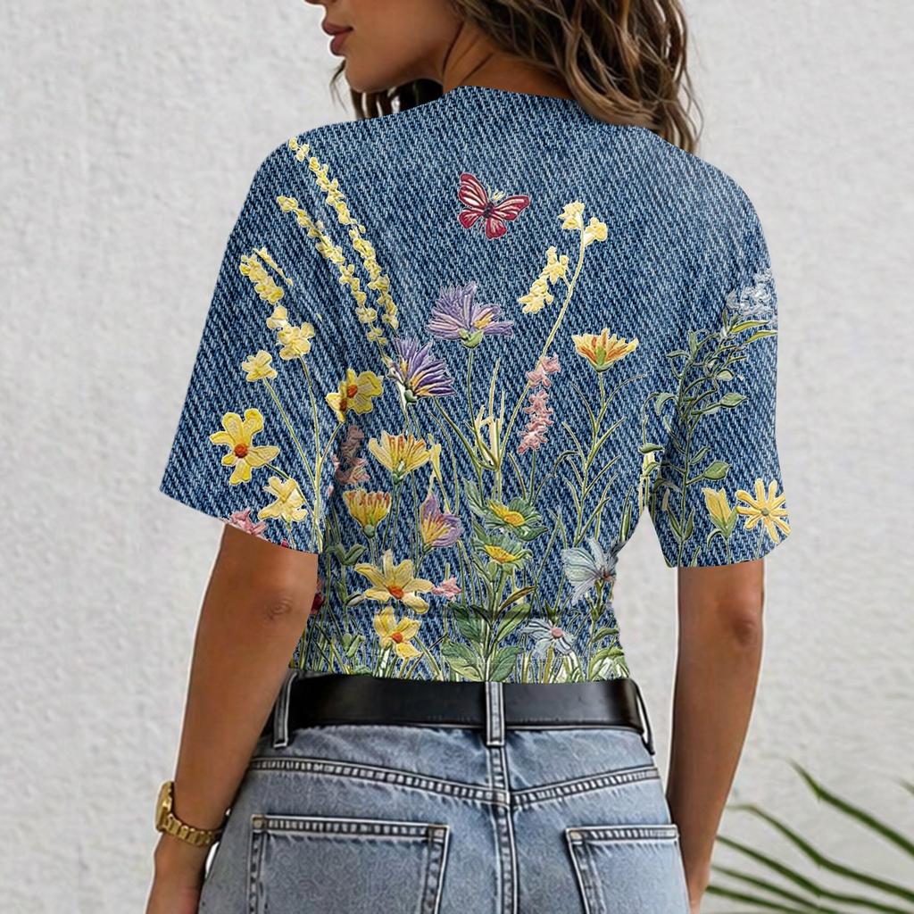 Women Round Neck Pullover Short Sleeve T Shirt Floral Print Loose Fit Casual Top for Daily Wear Lightweight Breathable Fabric
