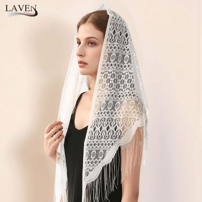 Elegant White Flower Embroidered Triangular Scarf Spanish Catholic Prayer Tassels Scarf Wedding Shawl Waist Scarf Accessory