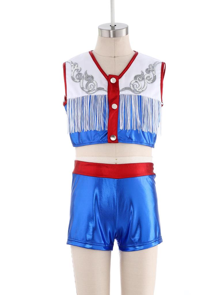 Children‘s Cowgirl Costume Set Sequins Metallic Fringe Sleeveless Top and Matching Shorts for Western Theme Fancy Ball Party