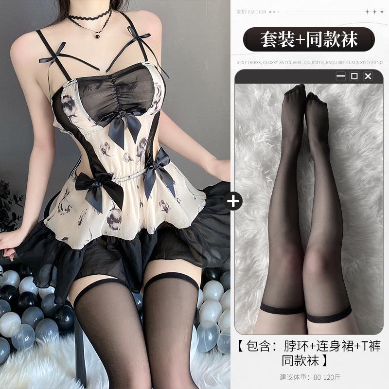 New sex underwear sexy ink printing tube top nightdress sexy pure desire perspective temptation bed free-of-charge set