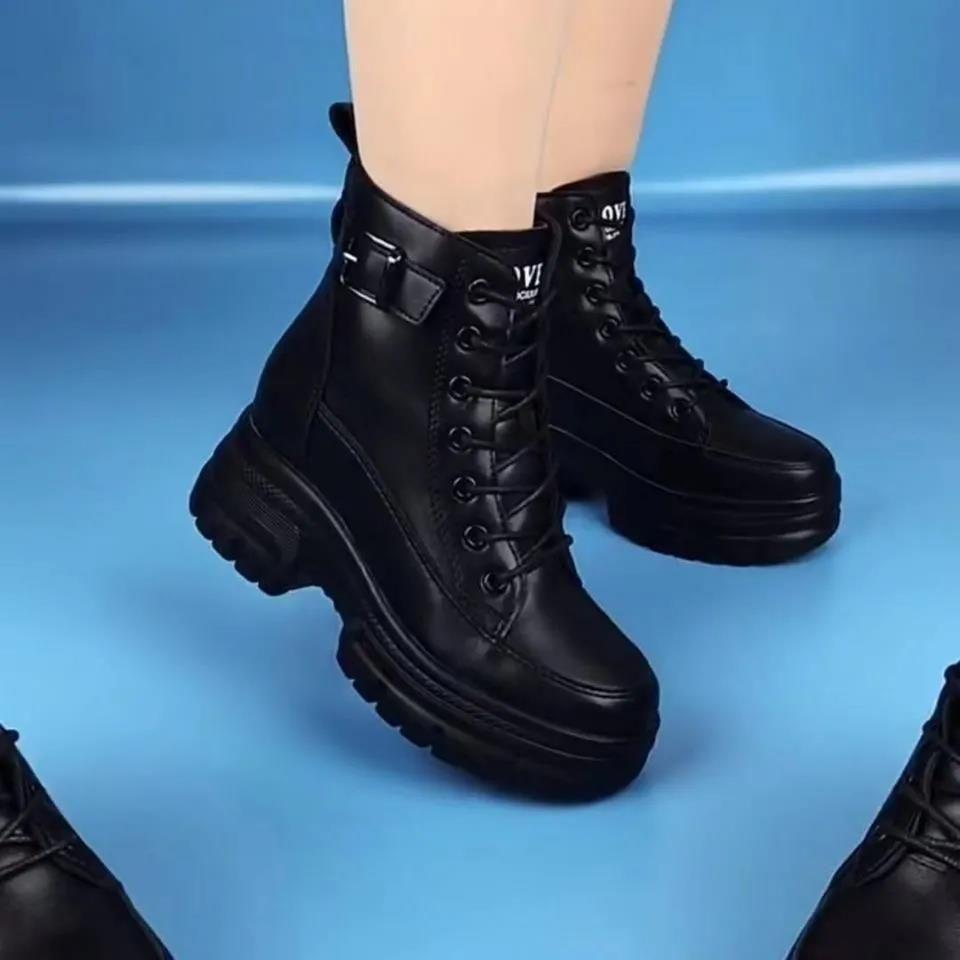 Women's Genuine Leather Non-Slip Height-Increasing Fleece-Lined Winter Snow Boots
