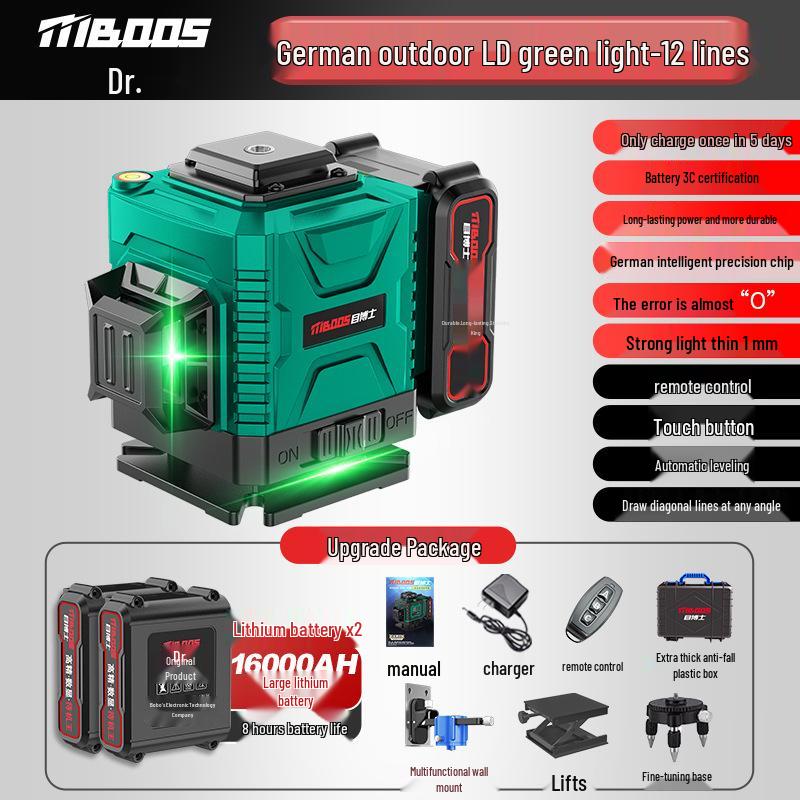 High-Precision 12-Line Outdoor Green Laser Level with Automatic Leveling for Walls and Floors