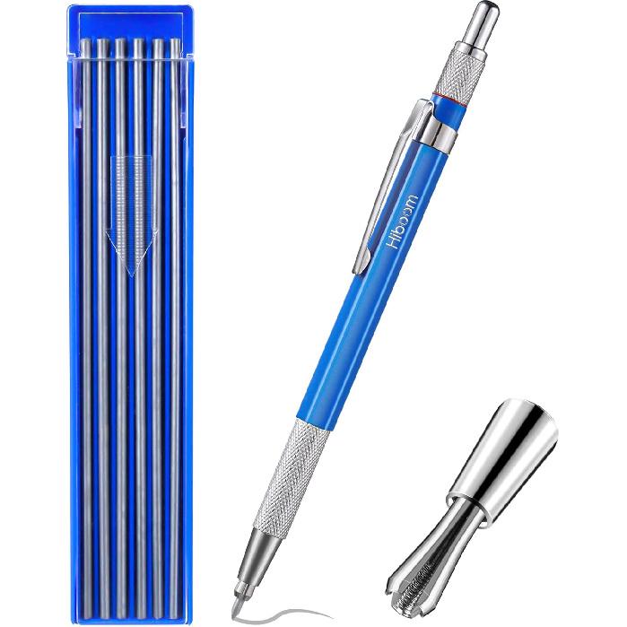 Hiboom 2 Pcs Welders Pencil with 24 Pcs Silver Round Refills, Mechanical Pencils Metal Marker with Built in Sharpener for Pipe Fitter Welder Steel