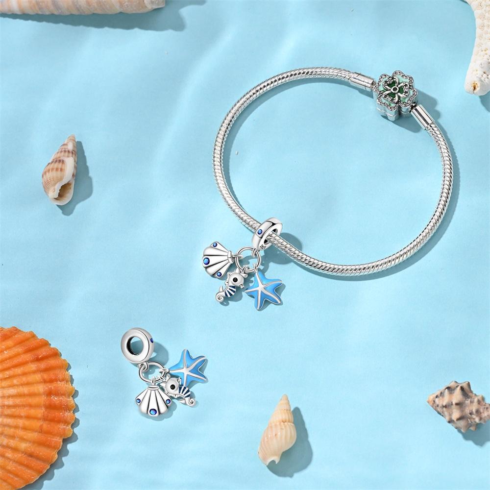 New 925 Sterling copper Summer Blue Ocean Turtle Starfish Dolphin Dangle Charms Fit Original Bracelet Necklace Zircon