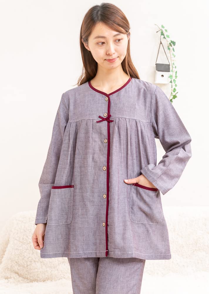 Eye Cotton Double Gauze Long Sizes 33033 K's Women's 100% Open-Front Pajamas, Sleeve, S/M/L/LL/3L, (Brown, M)