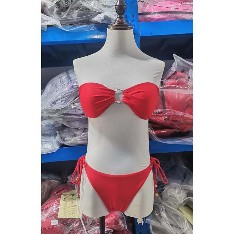 Rust Shiny Bandeau Bikini Set Metal Ring Side Tie Two Piece Swimsuit