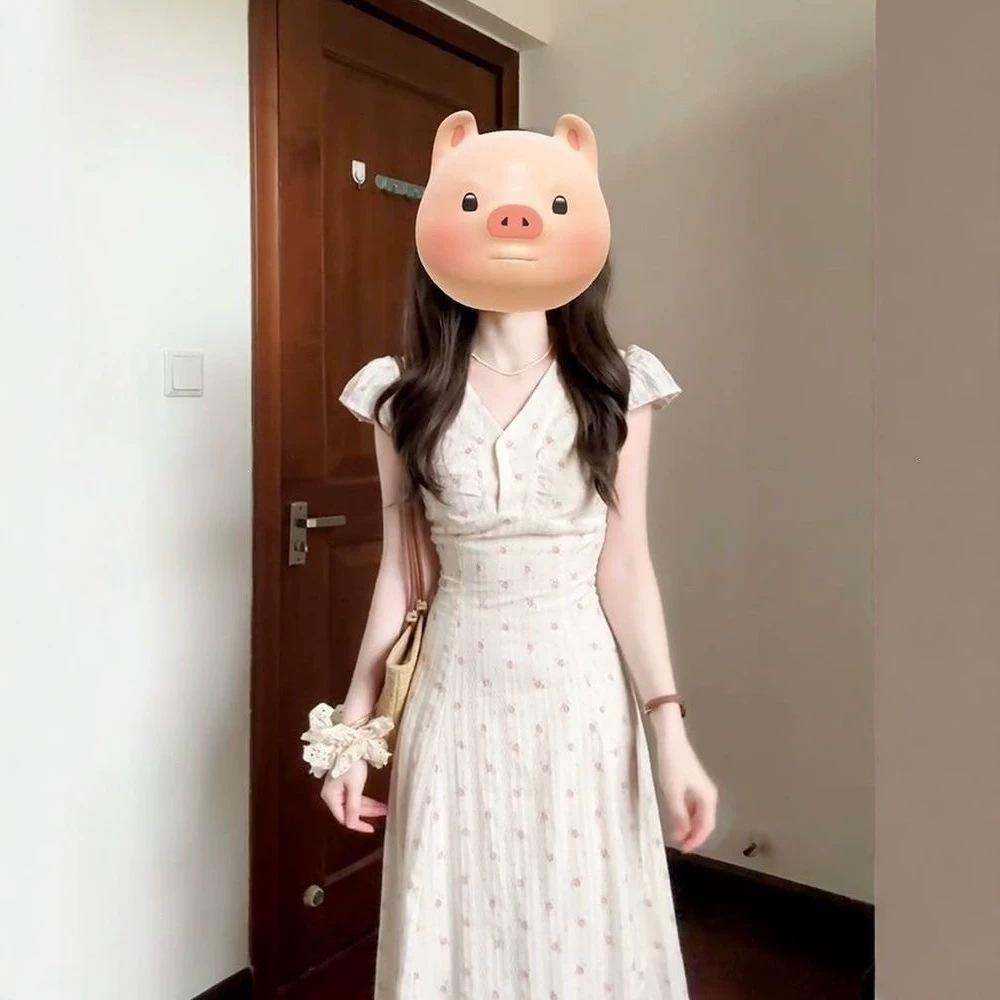 Summer New French V-neck Floral Dress Femininity Vacation Style Waist Thin a Word Long Skirt Women's Clothing