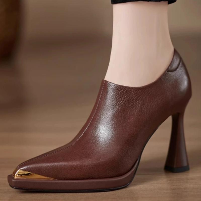 New Fashion Small Temperament High Heels Metal Iron Toe 2025 Small Shoes Commuter Single Shoes Block Heel
