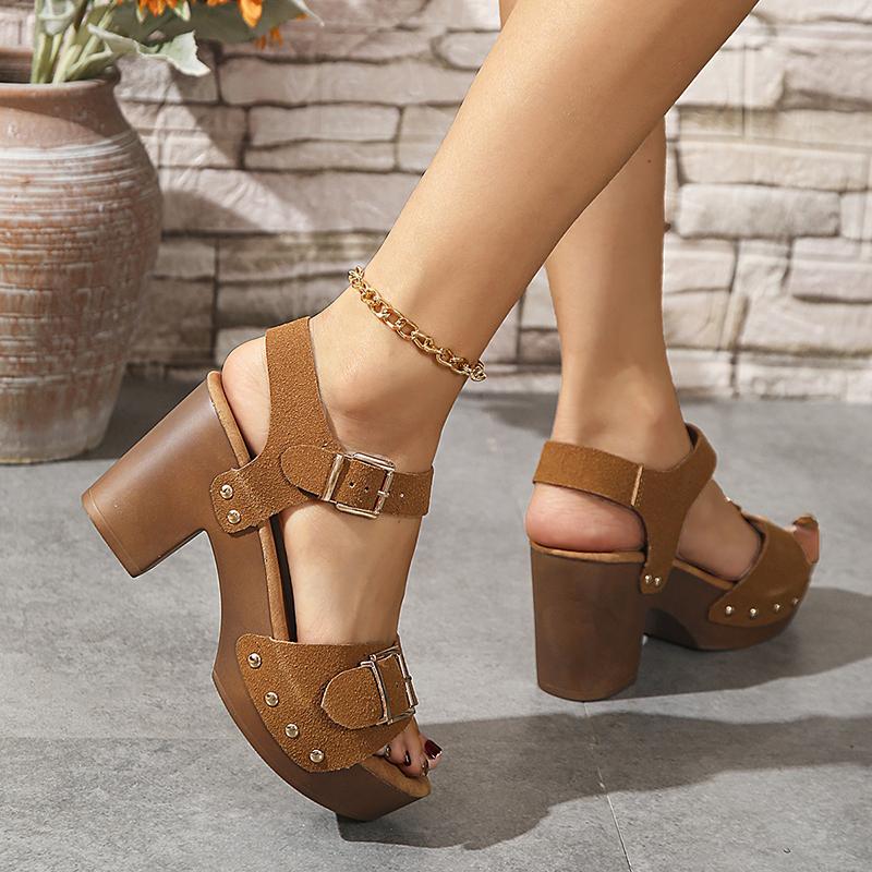 Metal Buckle Thick High Heel Sandals Women's Summer Platform Fashion Sandels Rivet Decor Sandalias