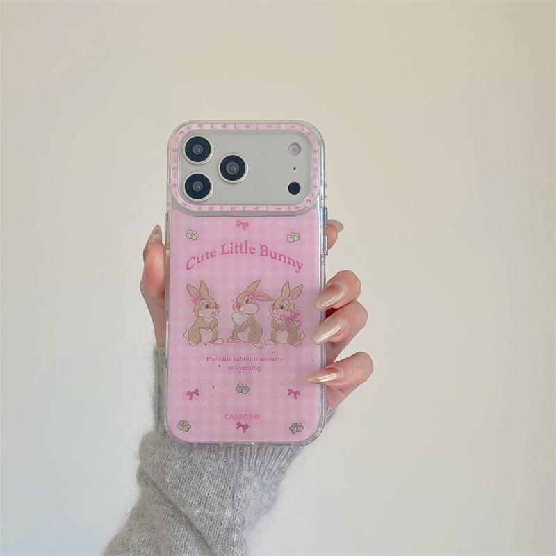 Pink Plaid Rabbit Stand iPhone Case for 17/16 Pro Max/15/14 - Girly Design