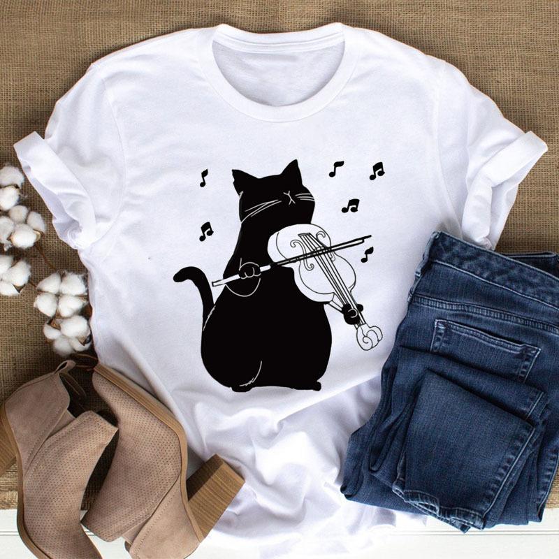 100% Polyester Women's Summer Casual Top with Cute Cat Dog Paw Print round Neck Short Sleeve T-shirt Fashion High Street Style gift
