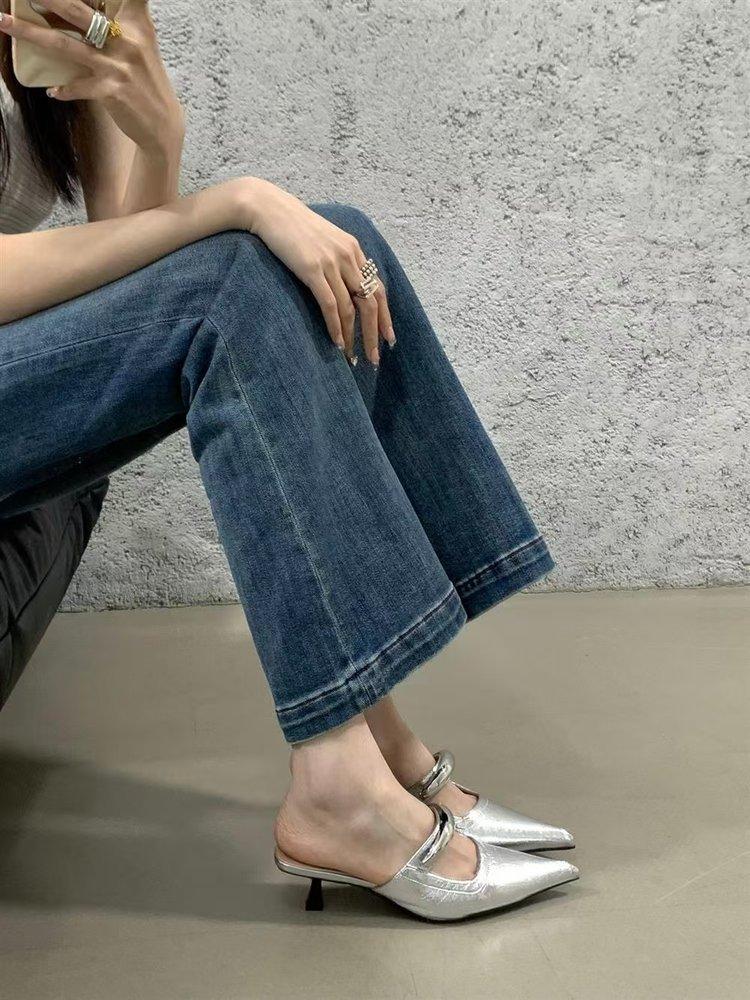 French Pointed Toe Bag Head Half Slippers Women's 2025 New Outer Wear Thin Heel Medium Heel Soft Leather Soft Bottom Slippers