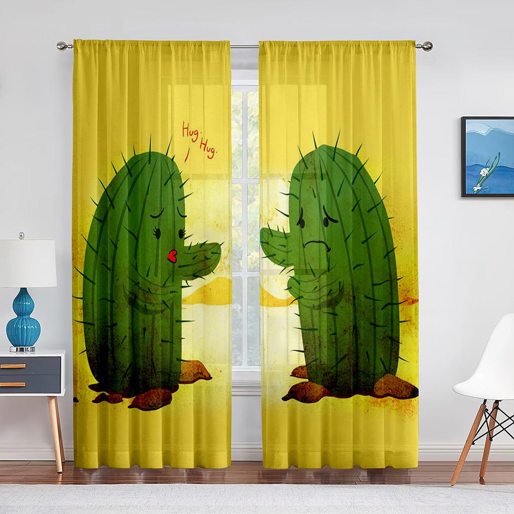 Cartoon Tropical Kaktus Natürliche Vegetation Sheer Voile Vorhänge für Wohnzimmer Schlafzimmer Küche Chiffon Tüll Fenster Vorhänge