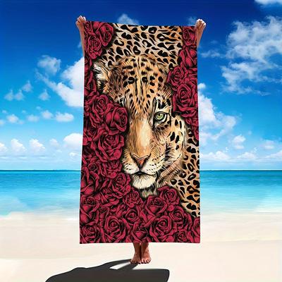 Red Rose Cheetah Microfiber Beach Towel 1Pc 2D Flat Printed Waterproof Sandproof Travel Bath Towel For Seaside Holiday